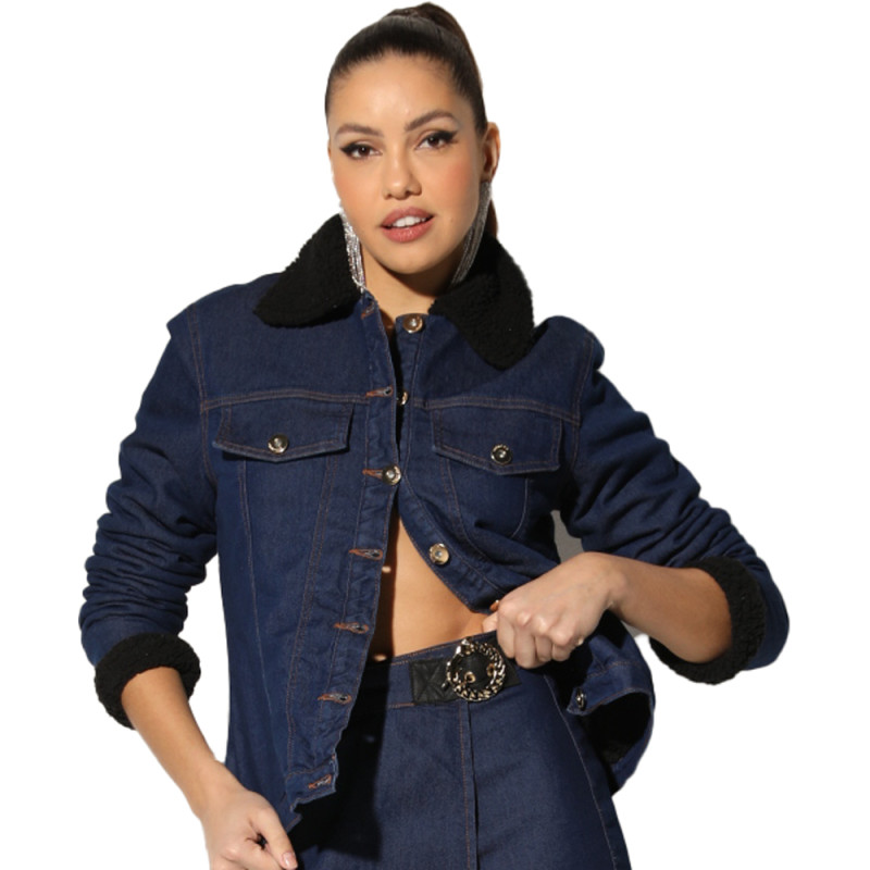Jaqueta jeans preta com pelo sale