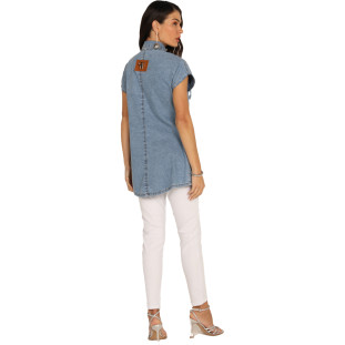 Camisa Jeans Onça Preta Strass AV24 Azul Feminino