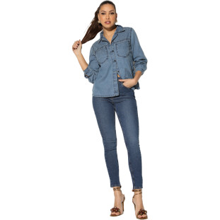 Camisa Jeans Onça Preta Detalhe Strass IN23 Azul Feminino