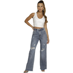 Calça Jeans Wideleg Onça Preta Destroyed V23 Azul Feminino
