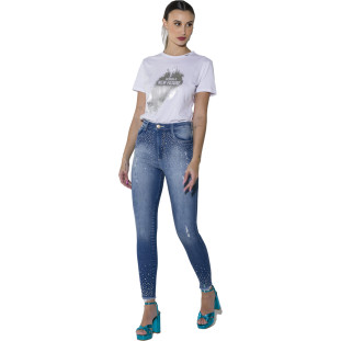 Calça Jeans Skinny Onça Preta Com Strass O23 Azul Feminino