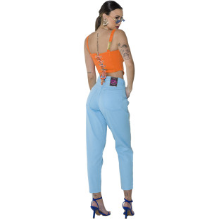 Calça Jeans Mom Onça Preta Detalhe Strass O23 Azul Feminino