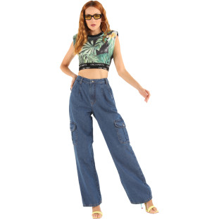 Calça Jeans Onça Preta Wide Bolsos Lapela VE24 Azul Feminino