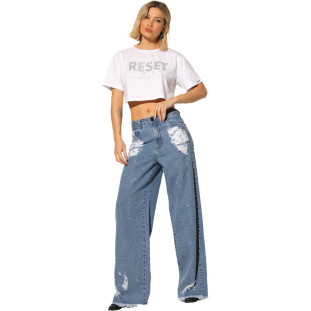 Calça Jeans Wideleg Onça Preta Strass IN23 Azul Feminino