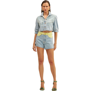 Jaqueta Jeans Cropped Onça Preta Strass Ve25 Azul Feminino