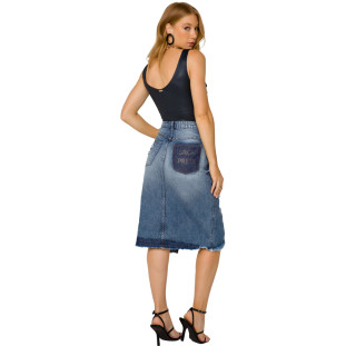 Saia Jeans Onça Preta Midi Assimetrica VE22 Azul Feminino