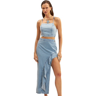 Saia Jeans Onça Preta Midi Babado Ve25 Azul Feminino