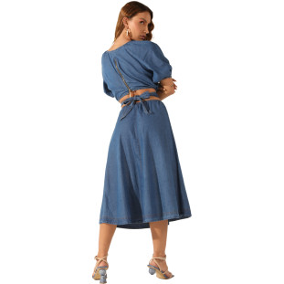 Vestido Jeans Onça Preta Bufante Cut Of AV22 Azul Feminino