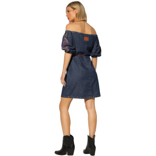 Vestido Jeans Onça Preta Manga Bordada I23 Azul Feminino