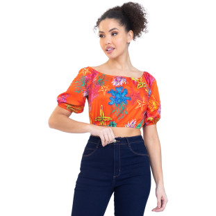 Blusa Onça Preta Ciganinha Cropped PR23 Azul Feminino