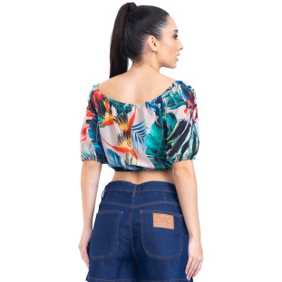 Blusa Onça Preta Ciganinha Cropped Floral PR23 Bege Feminino