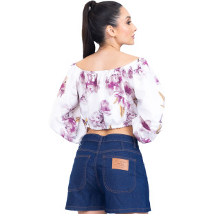 Blusa Onça Preta Ciganinha Floral PR23 Off White Feminino