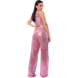 Calça Wide Onça Preta Shine Paete Av23 Rosa Feminino