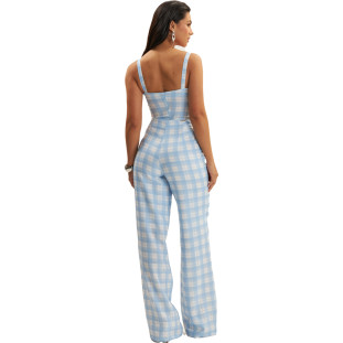 Calça Onça Preta Reta Xadrez Ve25 Azul Feminino