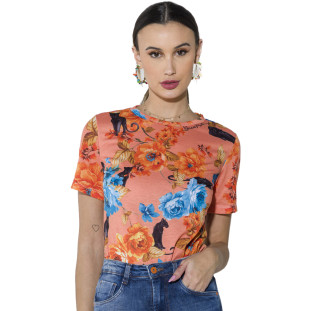 T-Shirt Onça Preta Basica Sublimada Av23 Laranja Feminino