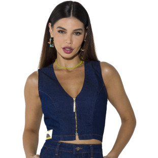 Cropped Jeans Onça Preta Com Recorte O23 Azul Feminino