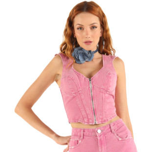 Blusa Jeans Onça Preta Com Recortes VE24 Rosa Feminino