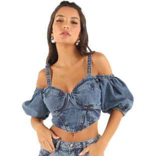 Blusa Jeans Onça Preta Corselet Bufante VE24 Azul Feminino