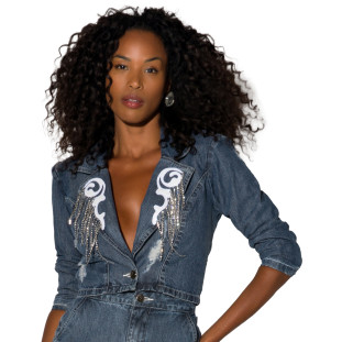Blazer Jeans Cropped Onça Preta Strass In24 Preto Feminino