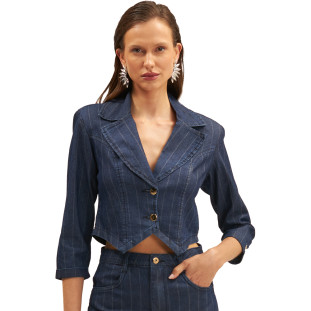Blazer Jeans Cropped Onça Preta Ve25 Azul Feminino