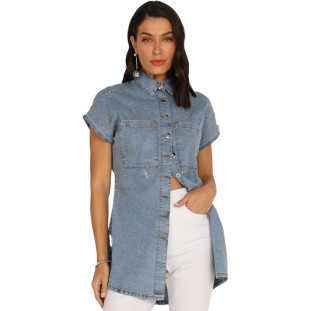 Camisa Jeans Onça Preta Strass AV24 Azul Feminino