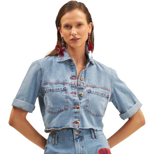 Camisa Jeans Cropped Onça Preta Ve25a Azul Feminino