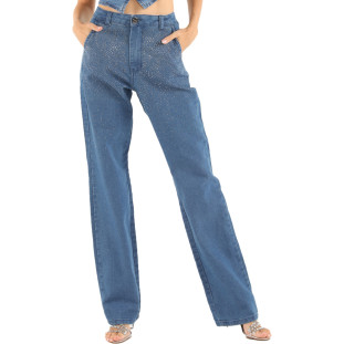 Calça Jeans Onça Preta Reta Strass VE24 Azul Feminino