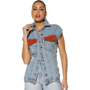 Colete Jeans Oversized Onça Preta American I23 Azul Feminino