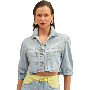 Jaqueta Jeans Cropped Onça Preta Strass Ve25 Azul Feminino