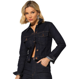 Jaqueta Jeans Onça Preta Detalhe Roxo IN23 Azul Feminino