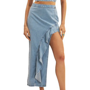 Saia Jeans Onça Preta Midi Babado Ve25 Azul Feminino
