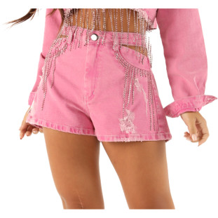 Short Jeans Onça Preta Vazado Com Strass VE24 Rosa Feminino