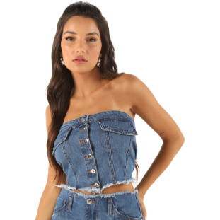 Top Jeans Onça Preta Com Lapela VE24 Azul Feminino