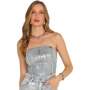 Top Jeans Onça Preta Recortes Foil AV24 Azul Feminino