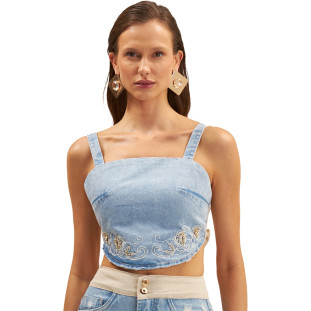 Top Jeans Onça Preta Amarracao Bordado Ve25 Azul Feminino