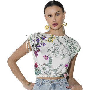 Blusa Cropped Onça Preta Estampado Com Tunel O23 Branco Feminino