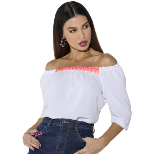 Blusa Onça Preta Detalhe Elastico Av23 Branco Feminino
