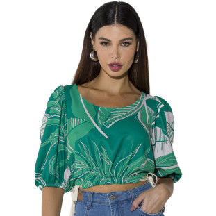 Blusa Cropped Onça Preta Bufante O23 Verde Feminino