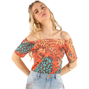 Blusa Onça Preta Ombro A Ombro VE24A Laranja Feminino