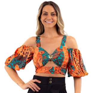 Blusa Onça Preta Cropped VE24 Laranja Feminino