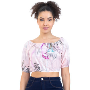 Blusa Onça Preta Ciganinha Cropped Birds PR23 Azul Feminino