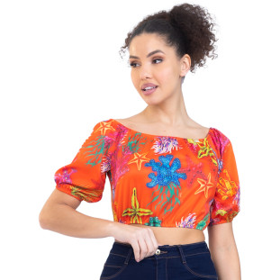 Blusa Onça Preta Ciganinha Cropped PR23 Azul Feminino