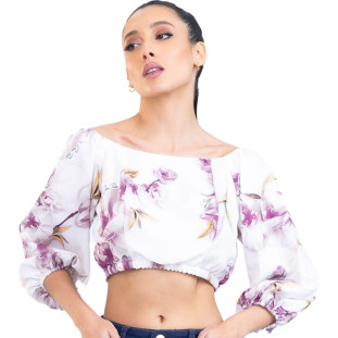 Blusa Onça Preta Ciganinha Floral PR23 Off White Feminino