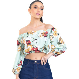 Blusa Onça Preta Ciganinha Floral PR23 Verde Feminino