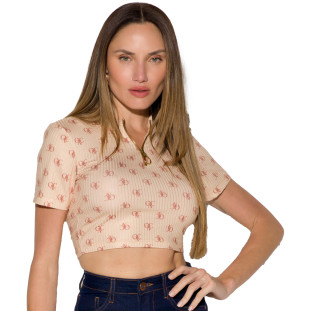 Blusa Cropped Onça Preta Decote Ziper In24 Bege Feminino