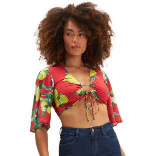Blusa Onça Preta Manga Fluida Ve25 Vermelho Feminino