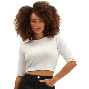 Blusa Cropped Onça Preta Risca Stras Ve25 Off White Feminino