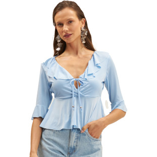 Blusa Onça Preta Babados Ve25 Azul Feminino