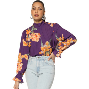 Blusa Onça Preta Manga Sino Pregas IN23 Roxo Feminino