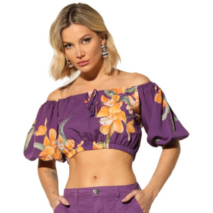 Blusa Cropped Onça Preta Ciganinha I23 Lilás Feminino